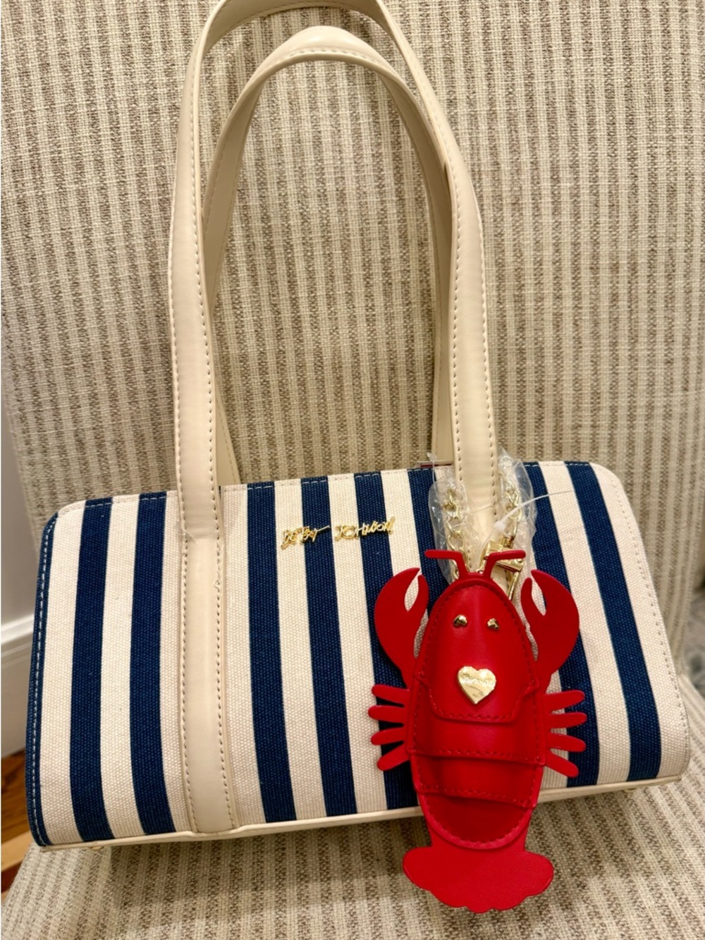 Betsey Johnson Striped Navy & Cream Women’s Tote with Red Lobster Charm